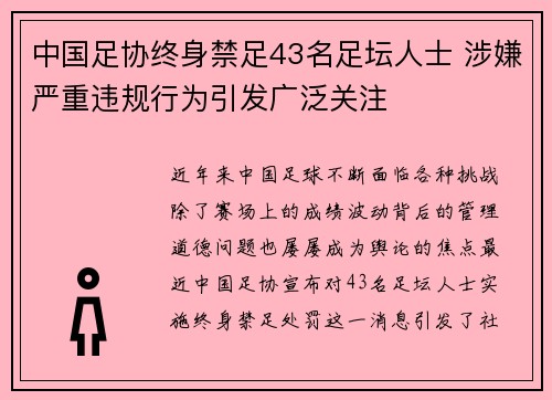 中国足协终身禁足43名足坛人士 涉嫌严重违规行为引发广泛关注 中国足协终身禁足43名足坛人士 涉嫌严重违规行为引发广泛关注